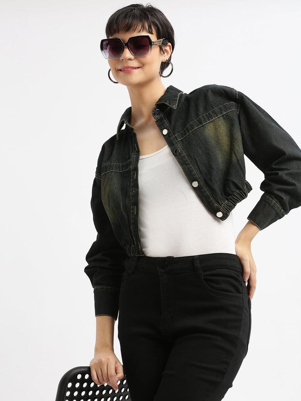 Women's Black Washed Checked Windcheater Crop Biker Jacket