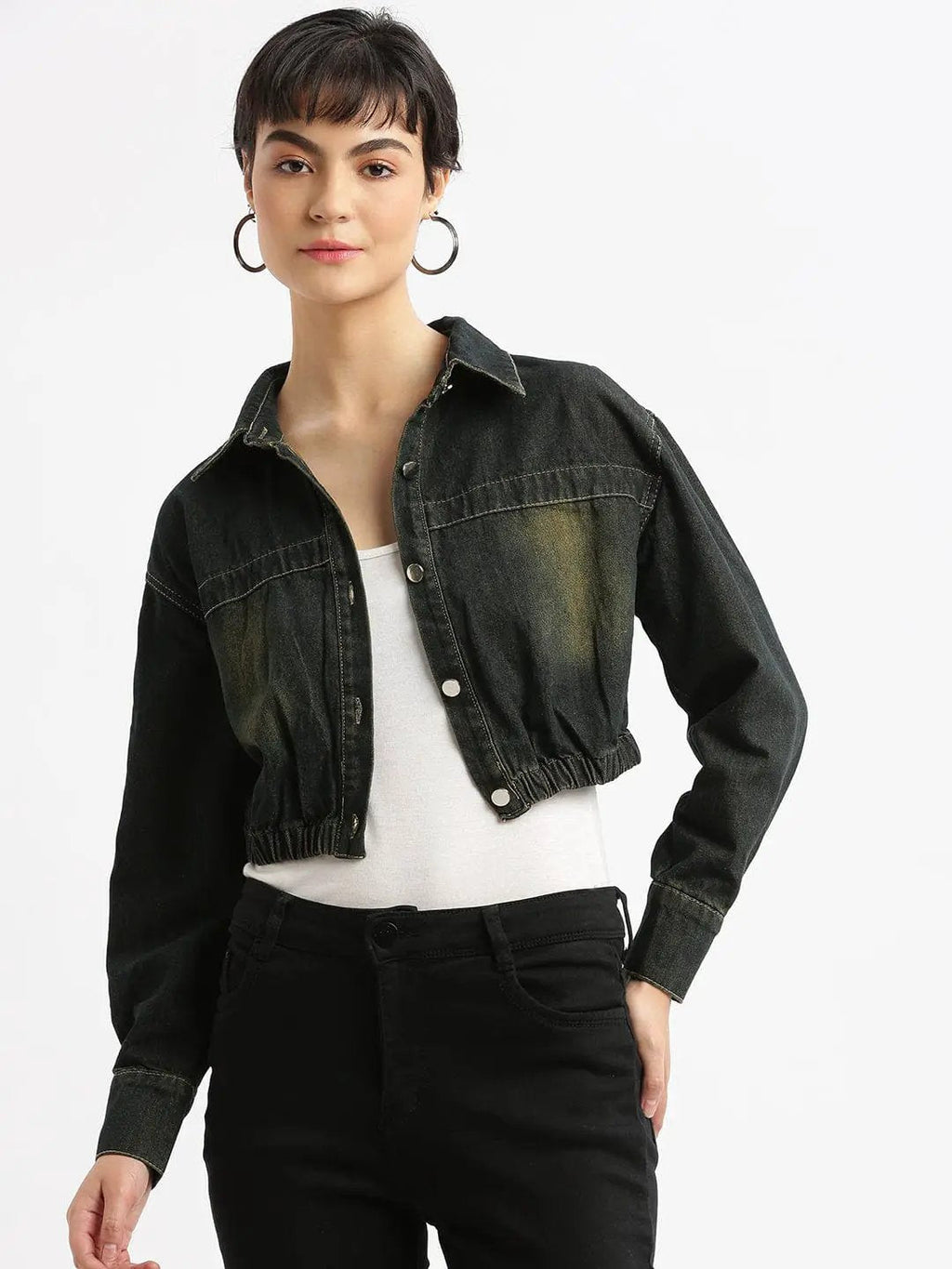 Women's Black Washed Checked Windcheater Crop Biker Jacket