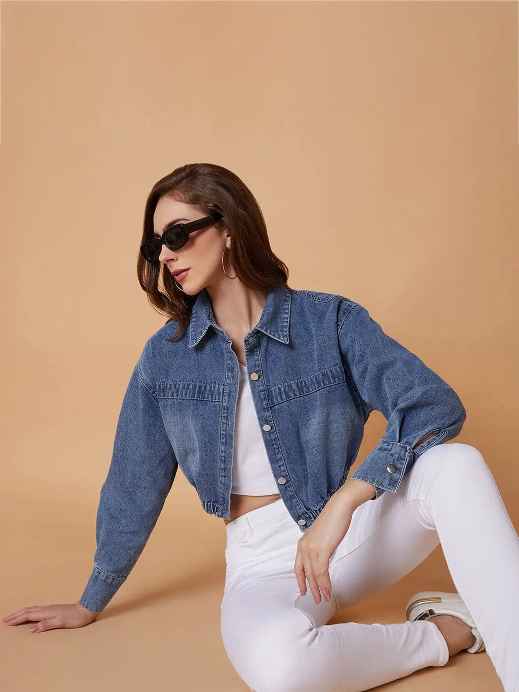 Women's Blue Washed Windcheater Crop Denim Jacket