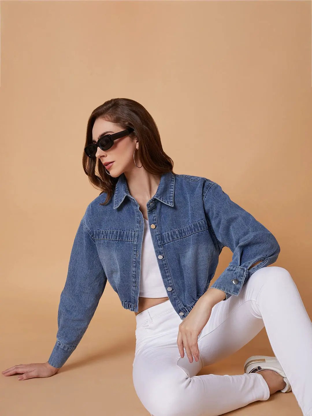 Women's Blue Washed Windcheater Crop Denim Jacket