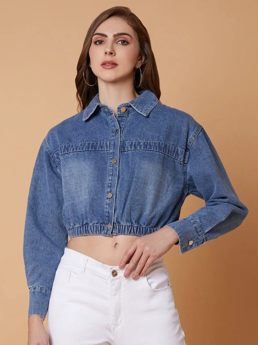 Women's Blue Washed Windcheater Crop Denim Jacket