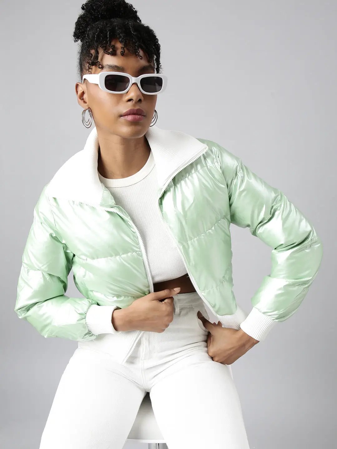 Women's Green Mock Collar Puffer Jacket