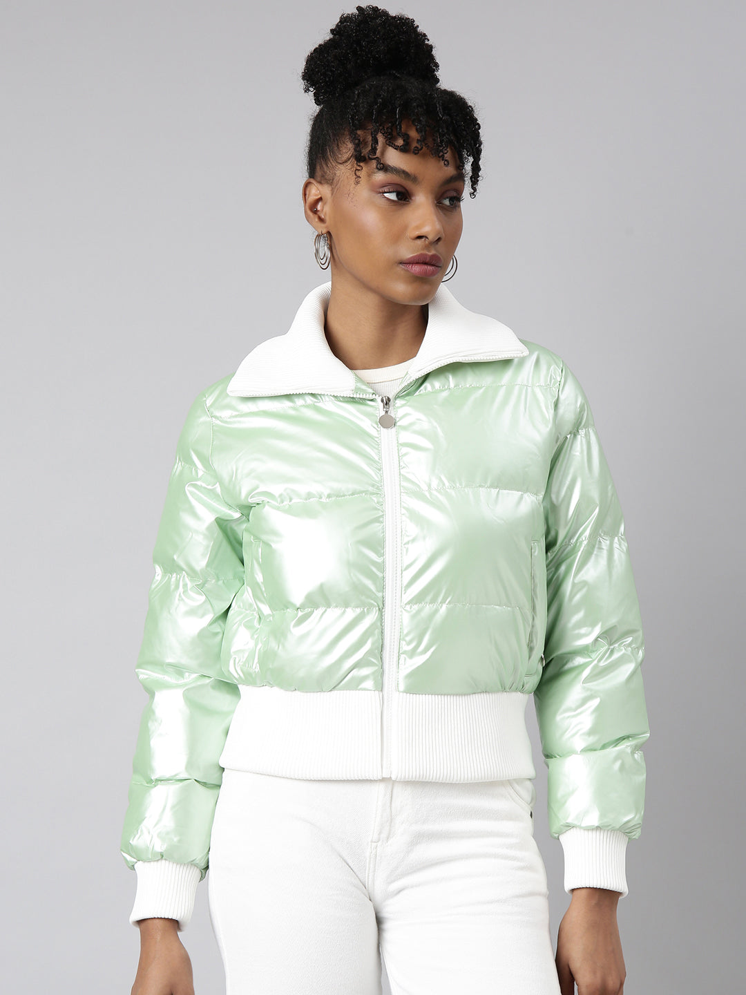 Women's Green Mock Collar Puffer Jacket