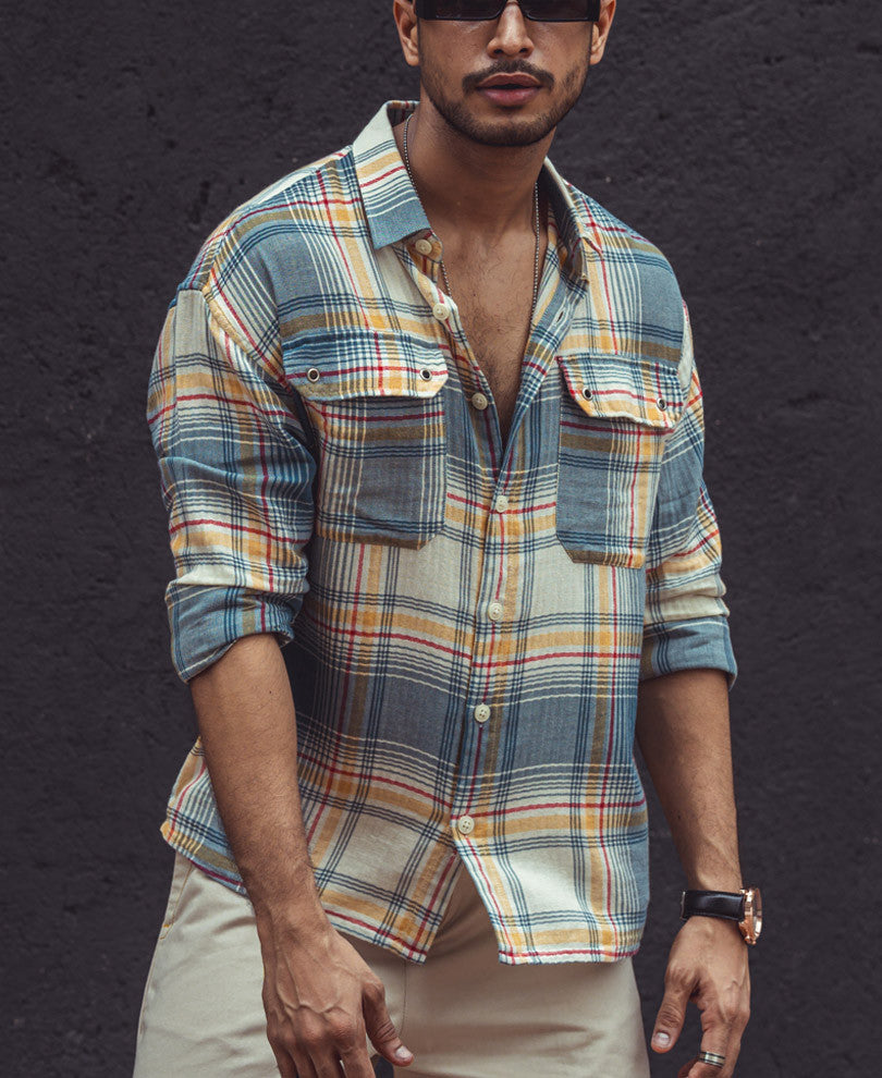 Multi Color Plaid Checks Oversize Drop Shoulder Shirt 100% Cotton