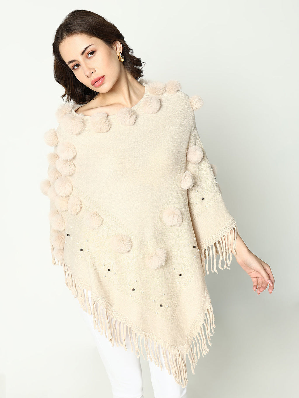 Women's Solid Cream Longline Poncho