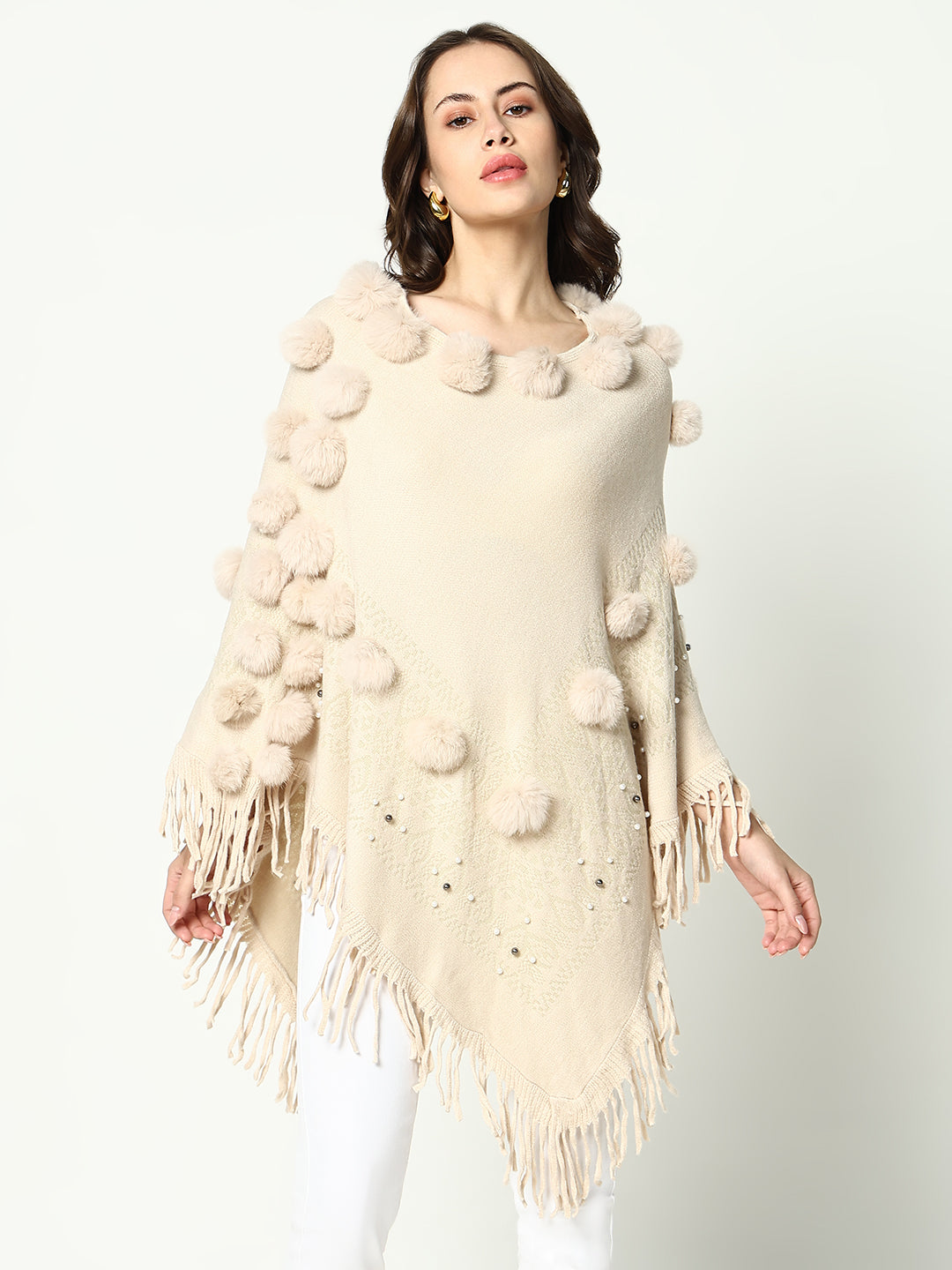 Women's Solid Cream Longline Poncho