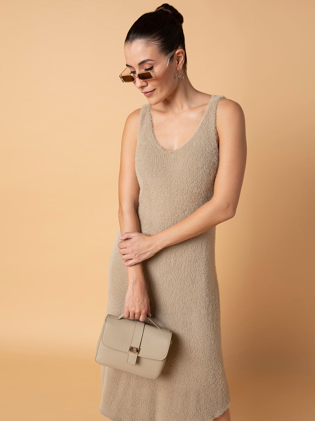 Women's Beige Sleeveless Midi A-Line Dress