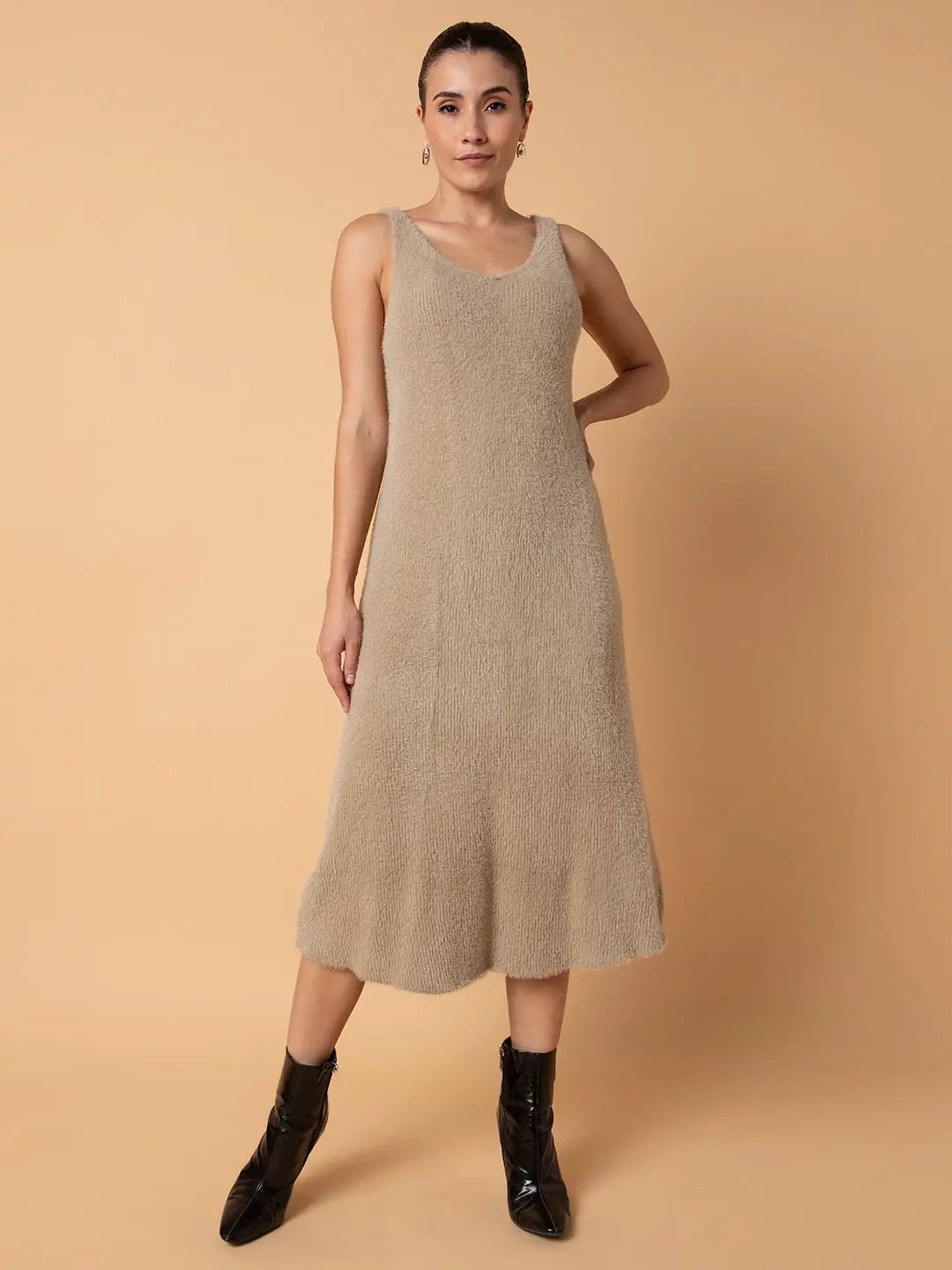 Women's Beige Sleeveless Midi A-Line Dress