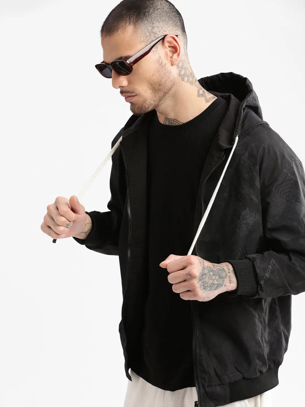 Men's Hooded Black Abstract Reversible Bomber Jacket