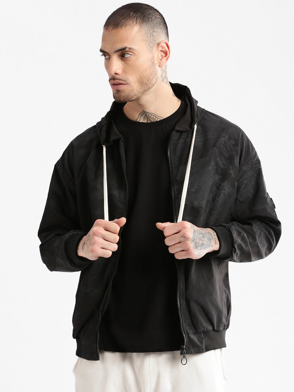 Men's Hooded Black Abstract Reversible Bomber Jacket