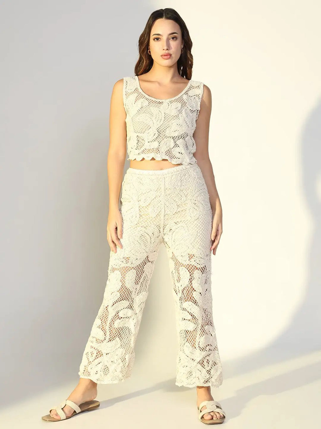 Women's Embroidered Cream Mesh Co-Ords Set