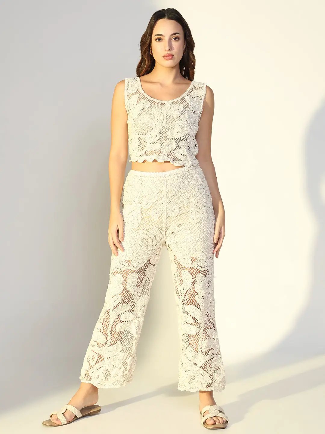 Women's Embroidered Cream Mesh Co-Ords Set