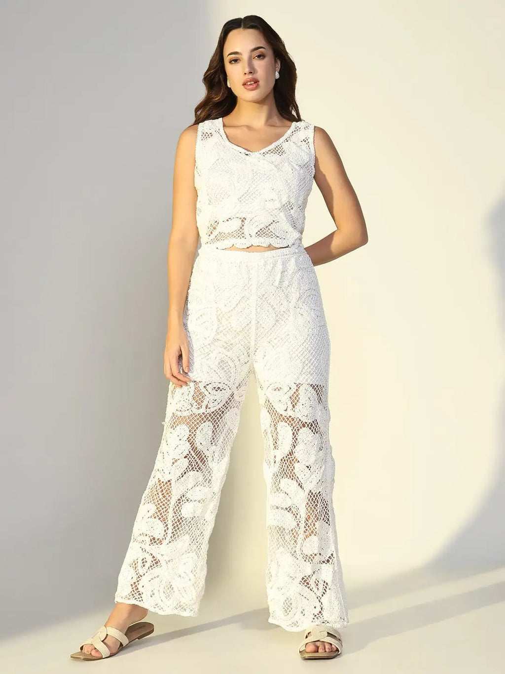 Women's Embroidered White Mesh Co-Ords Set