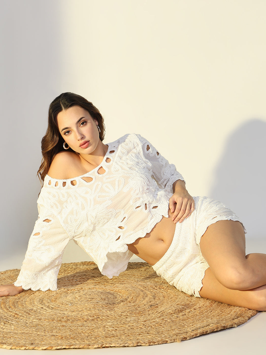 Women's Embroidered Cream Cut Out Co-Ords Set