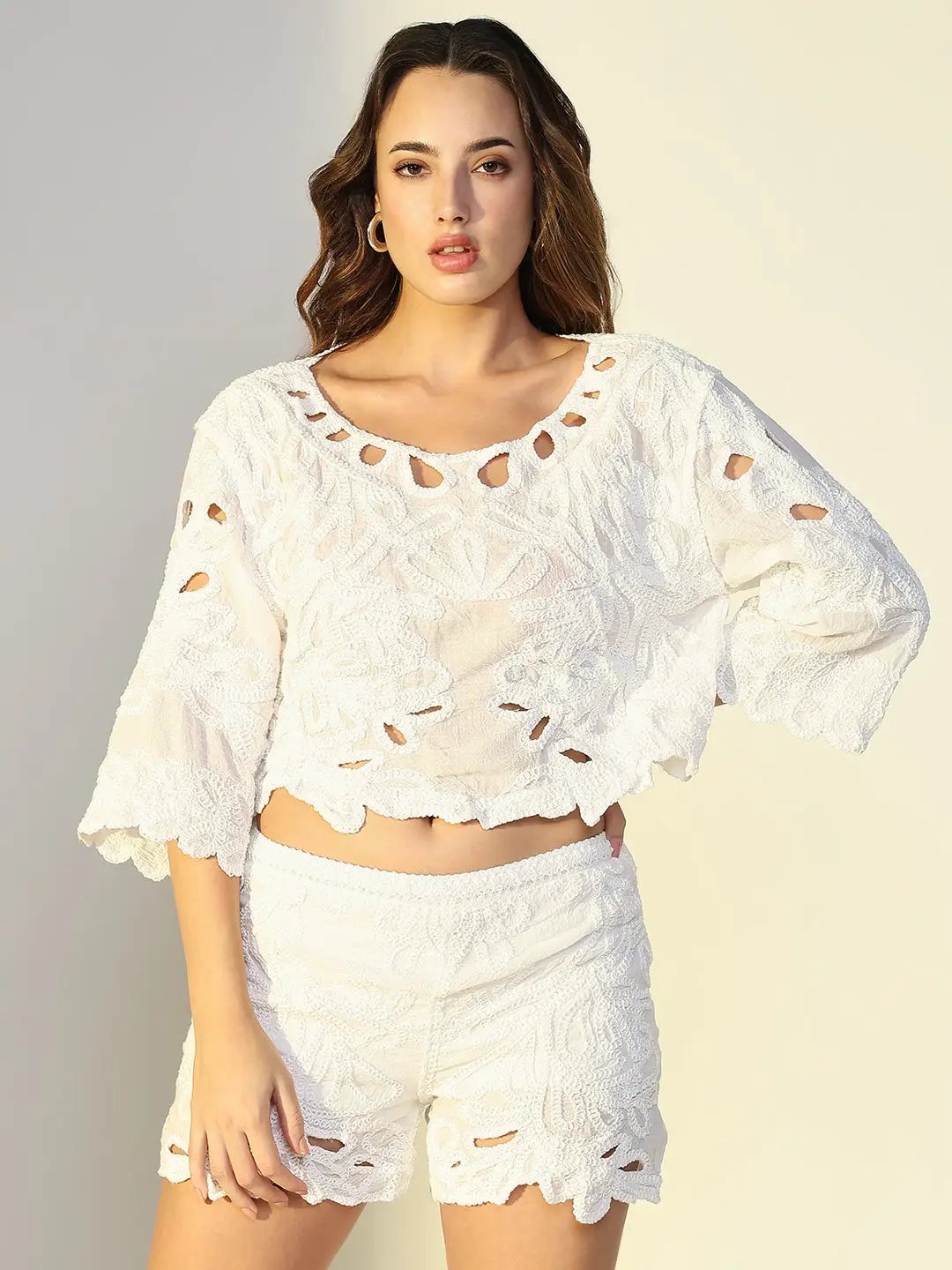 Women's Embroidered Cream Cut Out Co-Ords Set