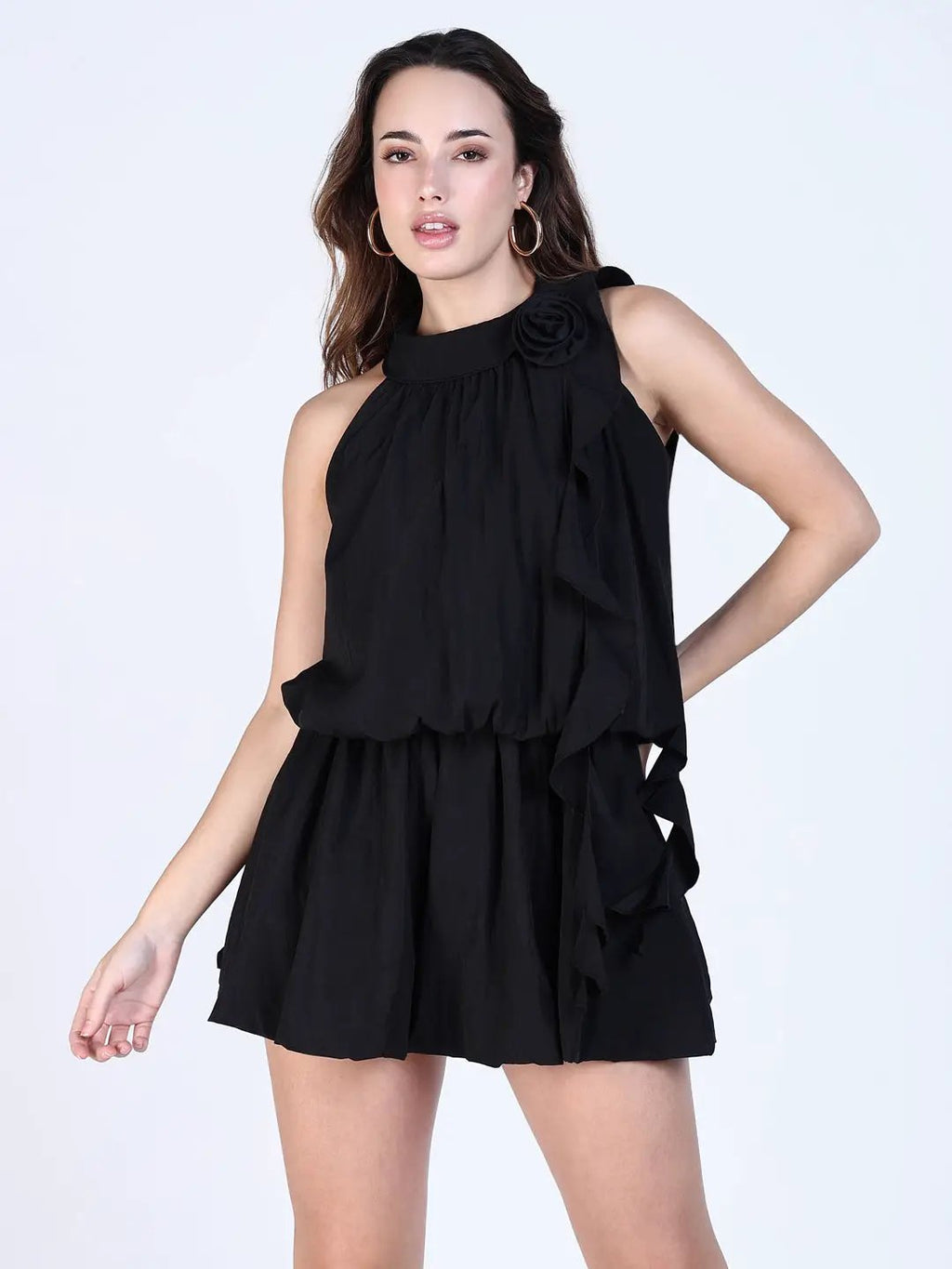 Women's Cotton Black Mini Dress with Flower Neck Detail