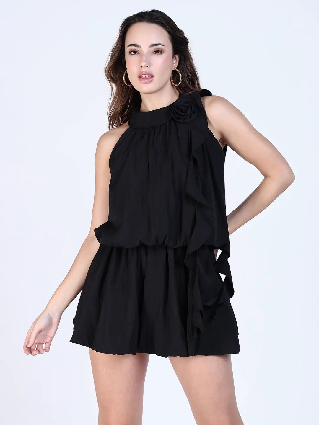 Women's Cotton Black Mini Dress with Flower Neck Detail