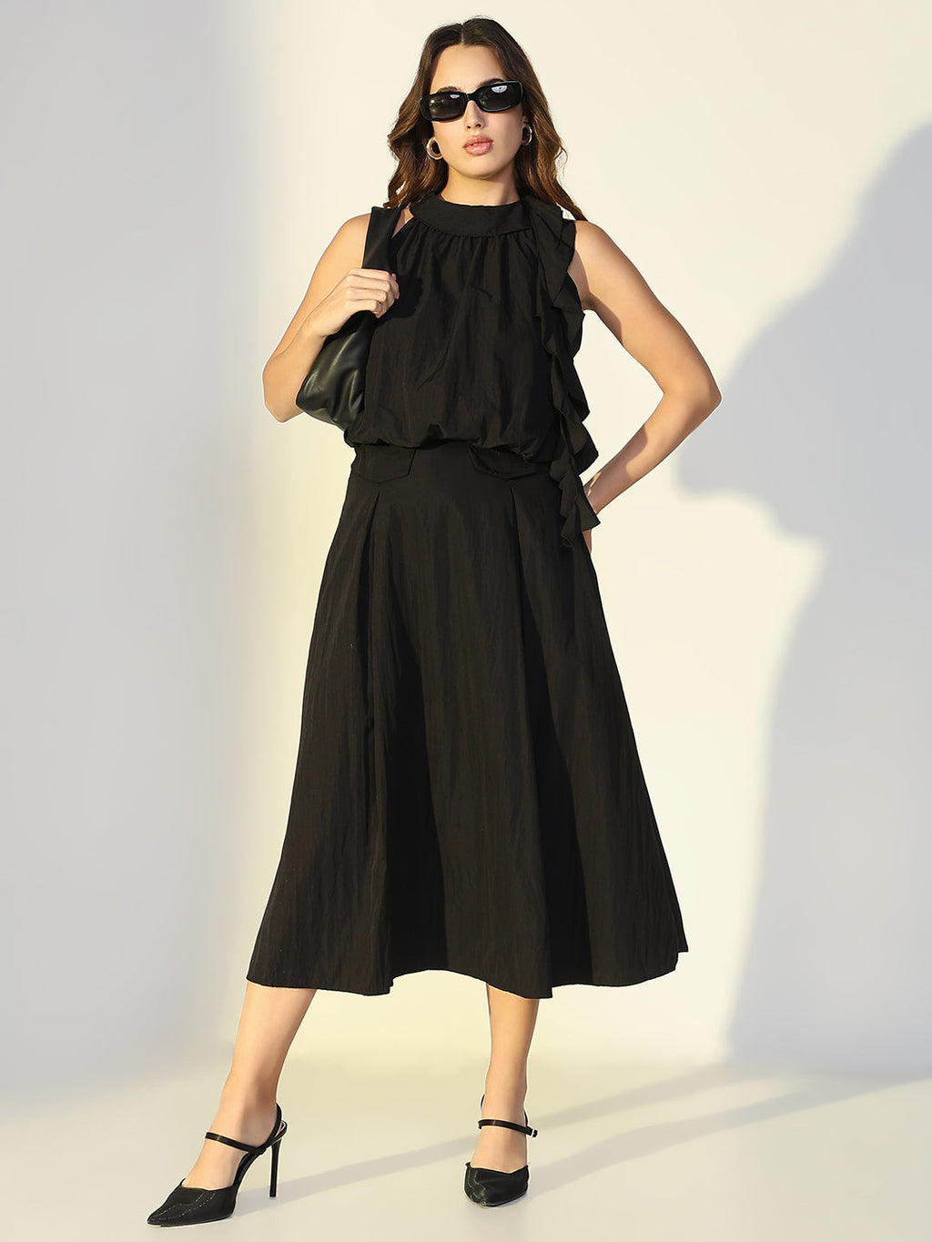 Women's Black Ruffle Neck Tie Top with Skirt Co-Ords Set
