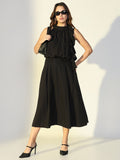 Women's Black Ruffle Neck Tie Top with Skirt Co-Ords Set