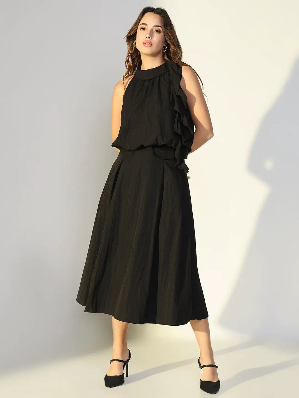 Women's Black Ruffle Neck Tie Top with Skirt Co-Ords Set