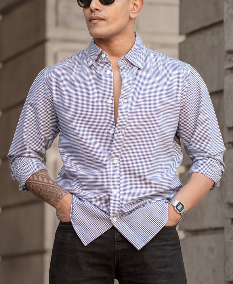 Navy Micro Check Lightweight Shirt 100% Cotton