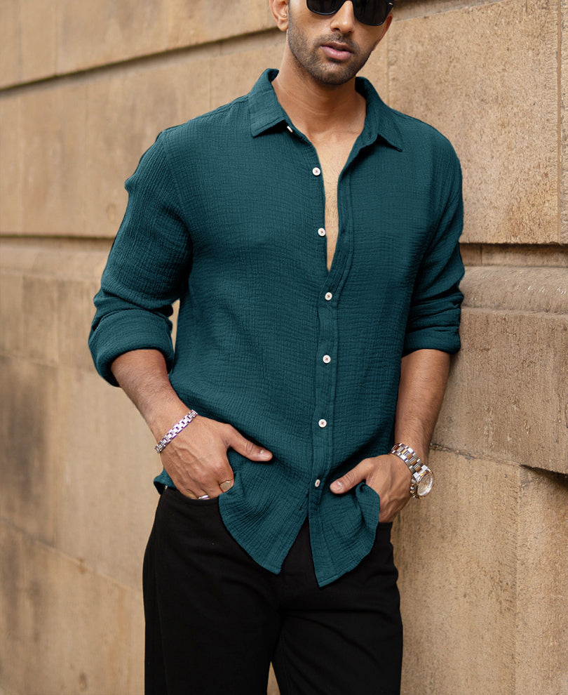 Teal Crinkled Lightweight Shirt 100% Cotton