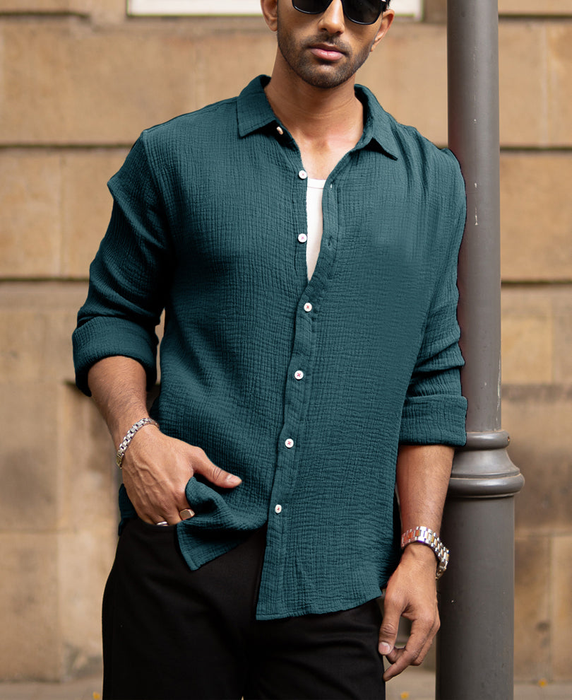Teal Crinkled Lightweight Shirt 100% Cotton