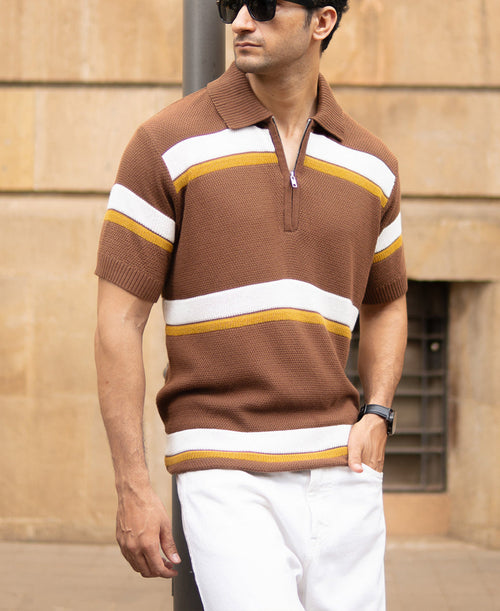 Brown Striped Knit T-Shirt 100% Cotton