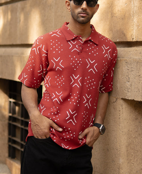 Brick Red Printed Polo T-Shirt 100% Cotton