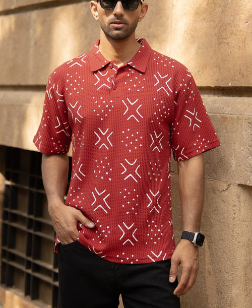 Brick Red Printed Polo T-Shirt 100% Cotton
