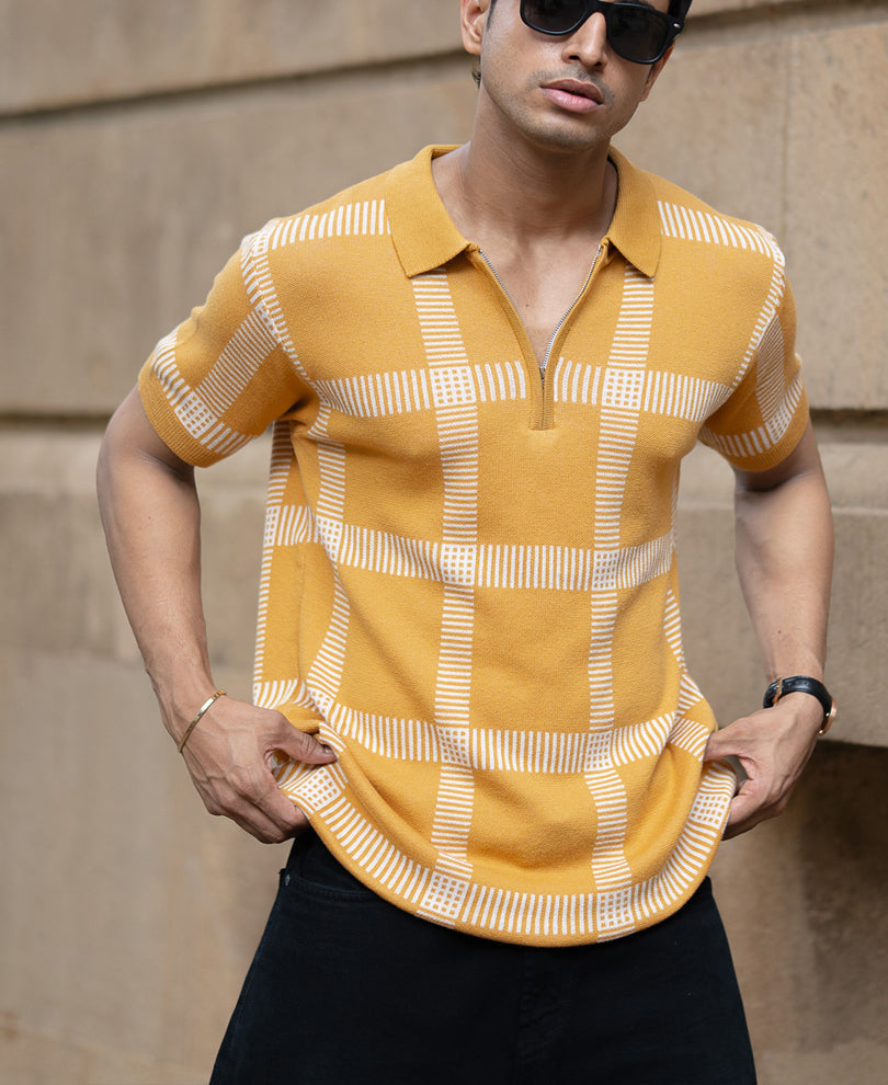 Mustard Knitted Checks T-Shirt 100% Cotton