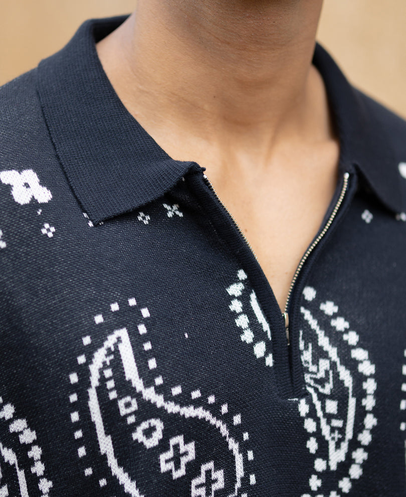 Navy Paisley Jacquard Knit T-Shirt 100% Cotton