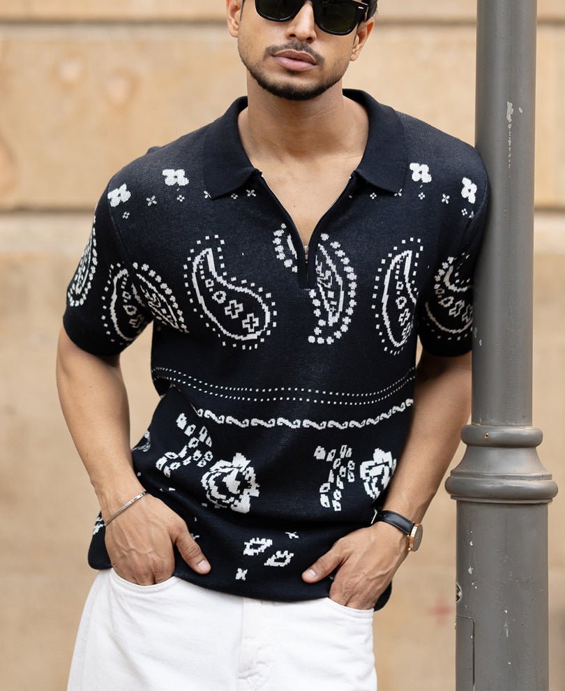 Navy Paisley Jacquard Knit T-Shirt 100% Cotton