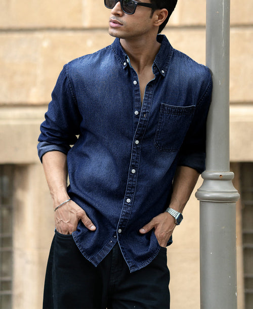 Dark Blue Washed Denim Shirt 100% Cotton