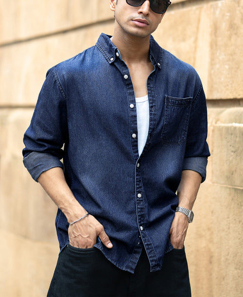 Dark Blue Washed Denim Shirt 100% Cotton
