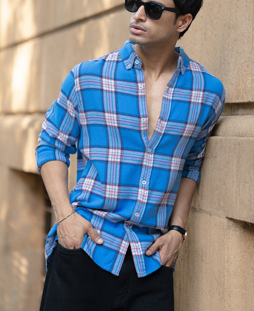 Blue Brushed Full Sleeves Checks Shirt 100% Cotton