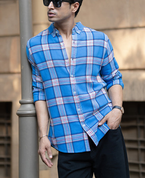 Blue Brushed Full Sleeves Checks Shirt 100% Cotton