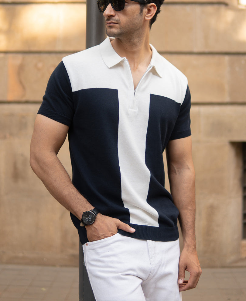 Navy Colour Block T-Shirt 100% Cotton