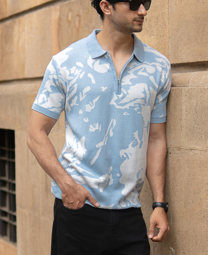 Light Blue Abstract Knit T-Shirt 100% Cotton
