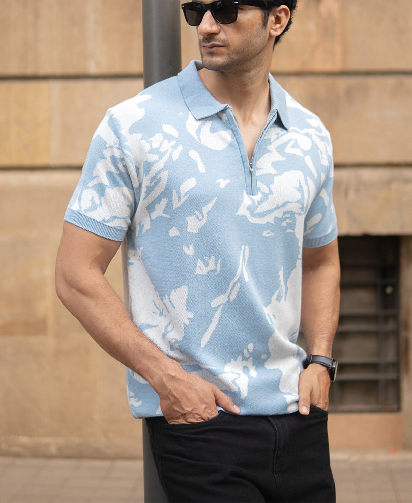 Light Blue Abstract Knit T-Shirt 100% Cotton