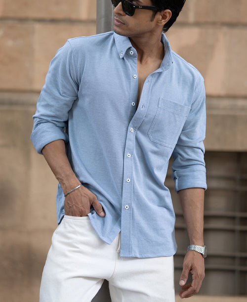 Blue Knitted Button Down Shirt 100% Cotton