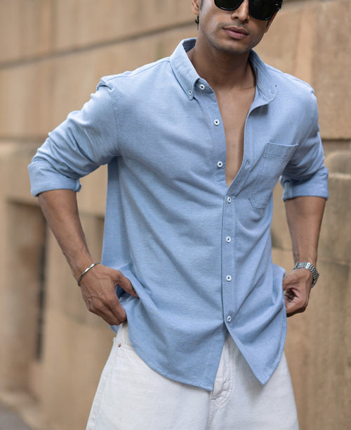 Blue Knitted Button Down Shirt 100% Cotton
