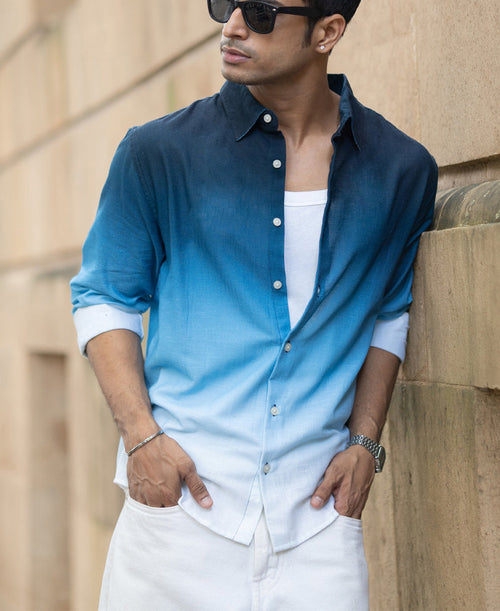 Dark Blue Ombre Print Shirt 100% Cotton
