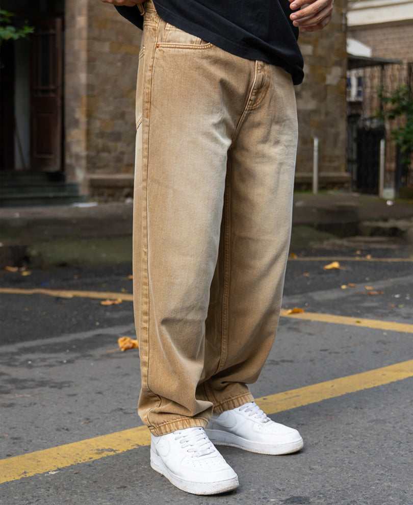 Sand Brown Washed Baggy Jeans 100% Cotton