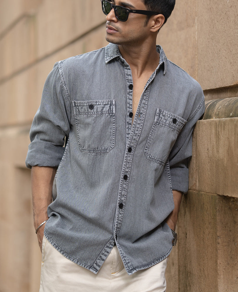 Grey Denim Shirt With Pockets 100% Cotton