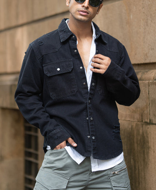 Black Distressed Denim Overshirt 100% Cotton