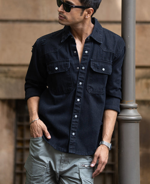 Black Distressed Denim Overshirt 100% Cotton