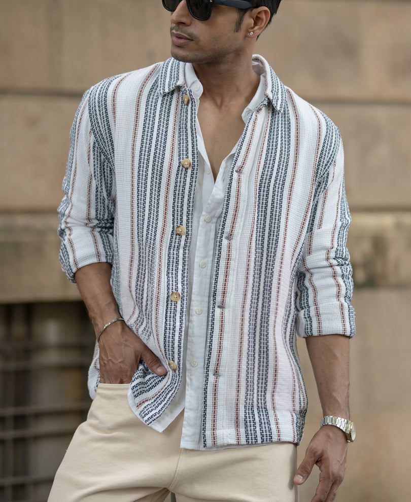White Structured Stripe Shacket