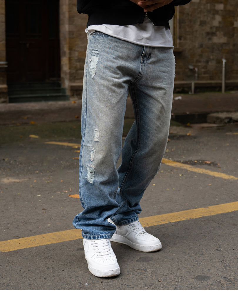Mid Blue Baggy Distressed Jeans 100% Cotton