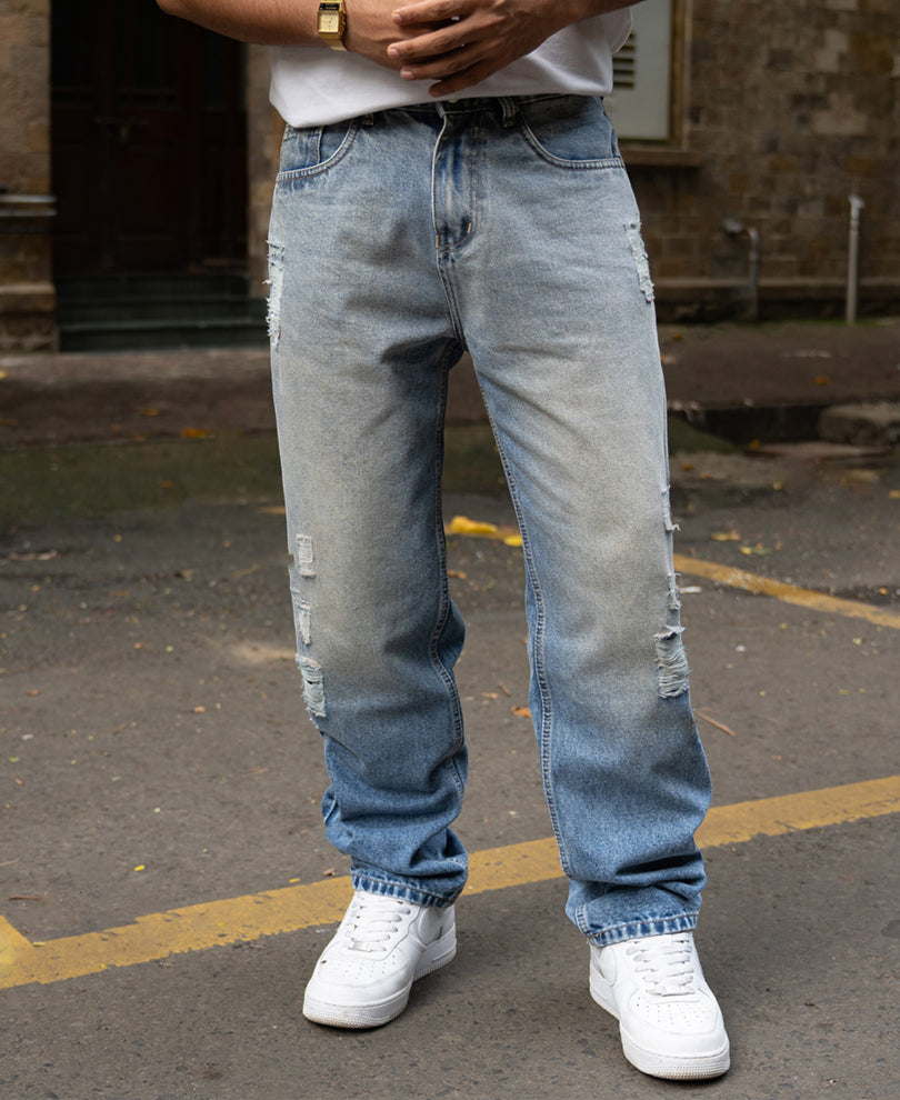 Mid Blue Baggy Distressed Jeans 100% Cotton